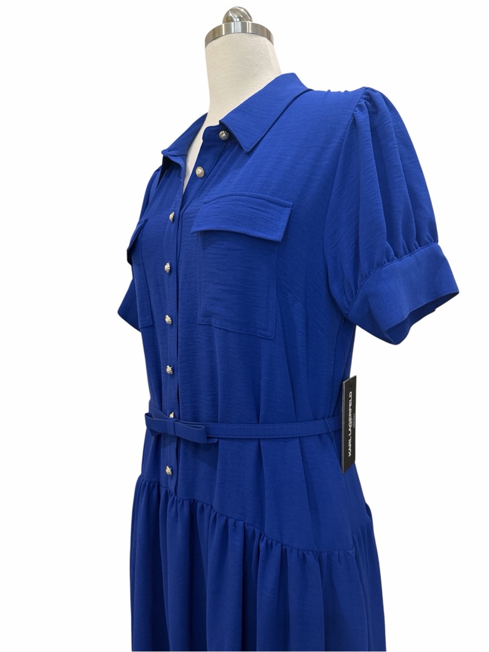 Karl Lagerfeld Belted Midi Shirt Dress Puff Sleeve Pockets Pearl Blue 12 NWT - Picture 6 of 15